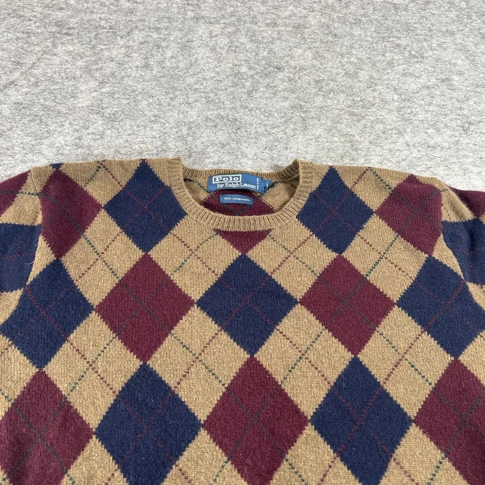 Polo Ralph Lauren Sweater Mens Large Tan Argyle Lambswool Crewneck Preppy Casual